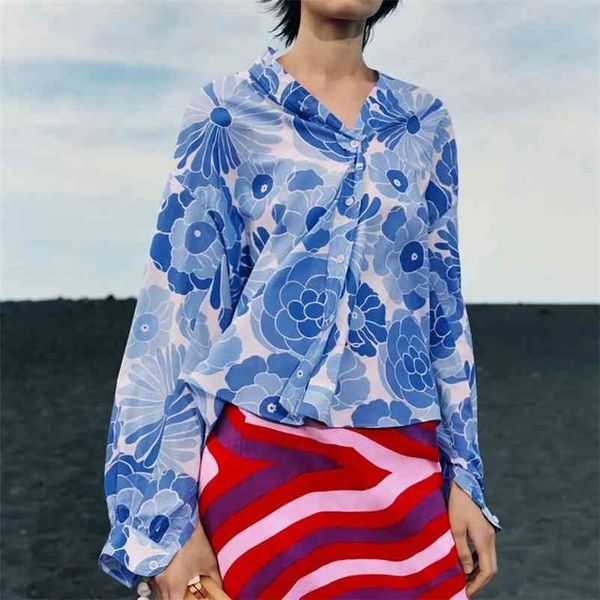 women blue print long sleeve shirts fashion o-neck single breasted blouse female casual summer 210524, White
women blue print long sleeve shirts fashion o-neck single breasted blouse female casual summer 210524, White