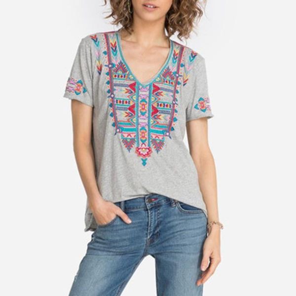 women's t-shirt embroidered v-neck loose short sleeve boho style ladies casual pullover fashion street t-shirts, White
women's t-shirt embroidered v-neck loose short sleeve boho style ladies casual pullover fashion street t-shirts, White