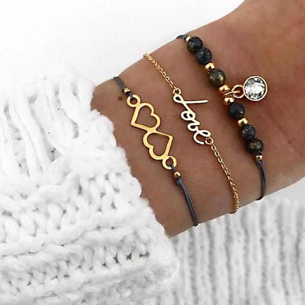 link, chain 3 pcs/set women fashion vintage double heart love letter crystal pendant beaded leather bracelet set charm jewelry accessories, Black
link, chain 3 pcs/set women fashion vintage double heart love letter crystal pendant beaded leather bracelet set charm jewelry accessories, Black