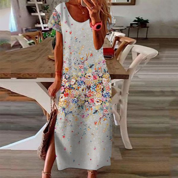 2021 summer european and american women's gradual printing round neck split loose short sleeve long dress, Black;gray
2021 summer european and american women's gradual printing round neck split loose short sleeve long dress, Black;gray