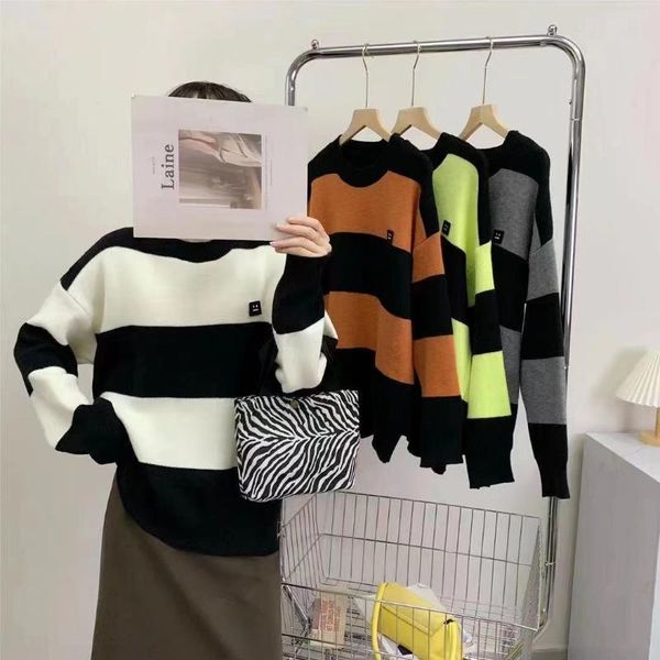 women's sweaters fashion stripe color autumn and winter round collar loose knit sweater 2021 classic style warm versatile top, White;black
women's sweaters fashion stripe color autumn and winter round collar loose knit sweater 2021 classic style warm versatile top, White;black