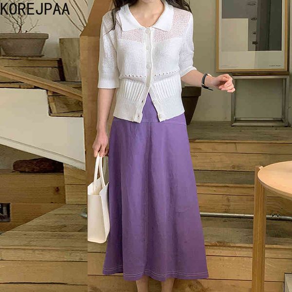 women sets summer korean chic gentle lapel single-breasted thin micro-transparent knit sweater violet a-line skirt 210514, White
women sets summer korean chic gentle lapel single-breasted thin micro-transparent knit sweater violet a-line skirt 210514, White