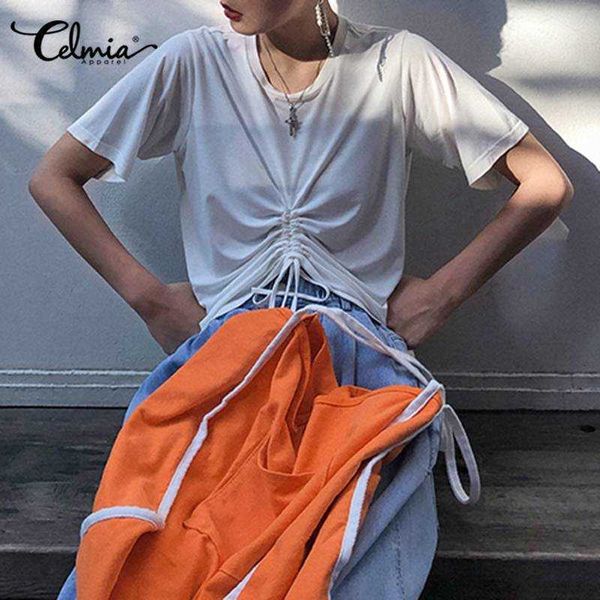 women's blouses & shirts blouses celmia drawstring pleated fashion women summer short sleeve casual loose blouse stylish solid o-neck, White
women's blouses & shirts blouses celmia drawstring pleated fashion women summer short sleeve casual loose blouse stylish solid o-neck, White