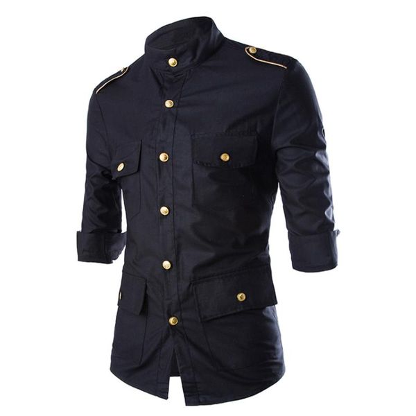 fashion black three quarter sleeve casual solid men shirt slim fit chemise homme gold epaulet decoration male clothes men's shirts, White;black
fashion black three quarter sleeve casual solid men shirt slim fit chemise homme gold epaulet decoration male clothes men's shirts, White;black