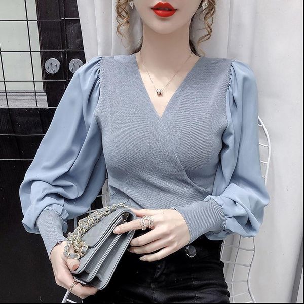 long puff sleeve elegant slim womens shirt v neck patchwork fit blouse autumn spring d35, White
long puff sleeve elegant slim womens shirt v neck patchwork fit blouse autumn spring d35, White