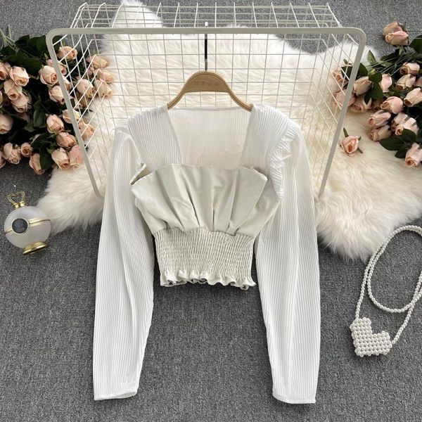 women's blouses & shirts b444 fashion shirt 2021 autumn square neck long sleeve wrinkled short solid color blouse, White
women's blouses & shirts b444 fashion shirt 2021 autumn square neck long sleeve wrinkled short solid color blouse, White