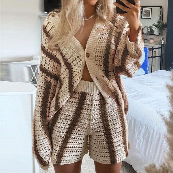 women's shorts 2021 autumn sweet casual hollow out knitted cardigan coat and set, White;black
women's shorts 2021 autumn sweet casual hollow out knitted cardigan coat and set, White;black