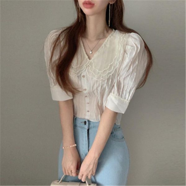 women's blouses & shirts summer vintage short blouse v-neck sleeve elegant korean style chic stylish casual 2021 arrival, White
women's blouses & shirts summer vintage short blouse v-neck sleeve elegant korean style chic stylish casual 2021 arrival, White