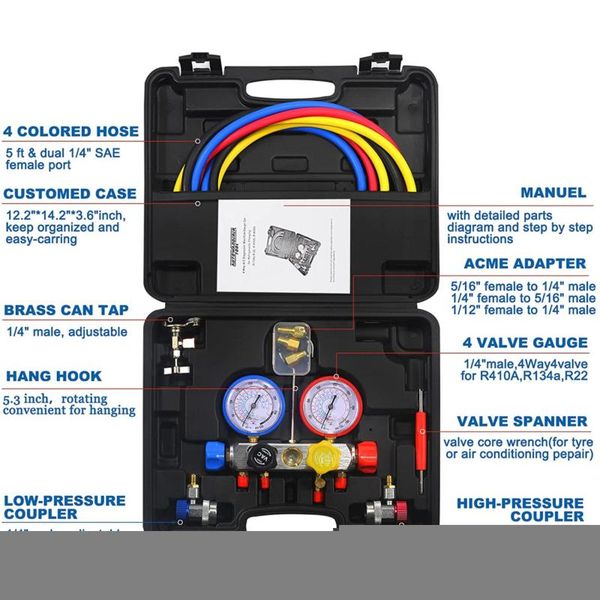 professional hand tool sets 4 way ac diagnostic manifold gauge set with 1/4" can tap for r410a r22 r134a hvac