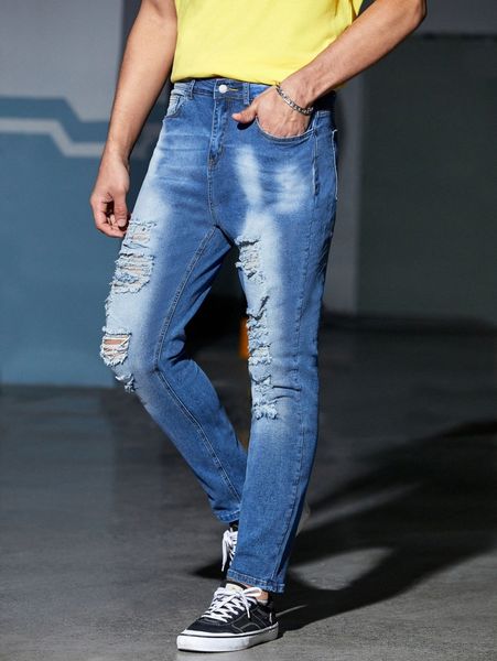 men ripped straight leg jeans m9uf#, Blue