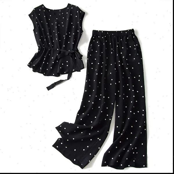 fashion black polka dot chiffon womenpant shirt and two piece suit summer plus size korean wide leg light top, White
fashion black polka dot chiffon womenpant shirt and two piece suit summer plus size korean wide leg light top, White