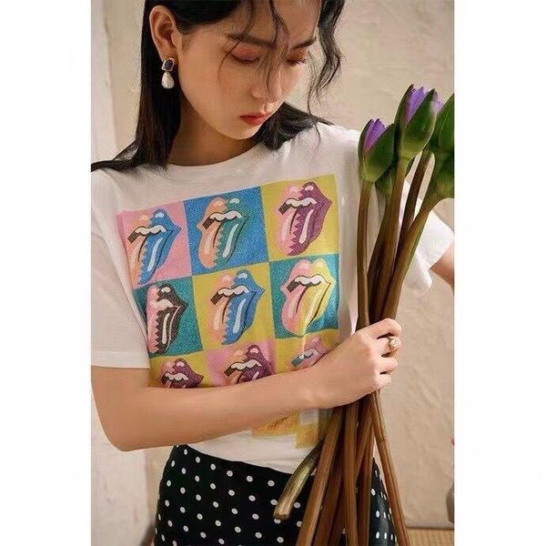 women's t-shirt women o neck mouth print short sleeve cotton, White 
women's t-shirt women o neck mouth print short sleeve cotton, White