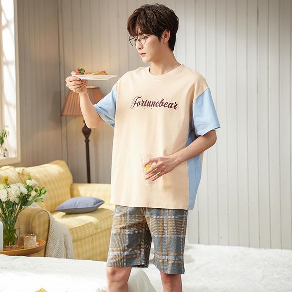 men's sleepwear letter print patchwork cotton pajamas set with plaid shorts casual thin short-sleeves summer suit men oversized home we, Black;brown
men's sleepwear letter print patchwork cotton pajamas set with plaid shorts casual thin short-sleeves summer suit men oversized home we, Black;brown
