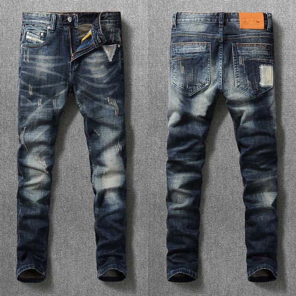 men's jeans italian style fashion retro dark blue slim fit ripped for vintage designer patches cotton denim long pants unx2
men's jeans italian style fashion retro dark blue slim fit ripped for vintage designer patches cotton denim long pants unx2