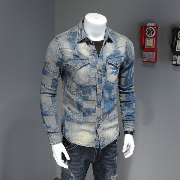 power men's spring and autumn thin denim shirt men's long-sleeved personality trend stitching retro slim shirt casual jacket, White;black
power men's spring and autumn thin denim shirt men's long-sleeved personality trend stitching retro slim shirt casual jacket, White;black