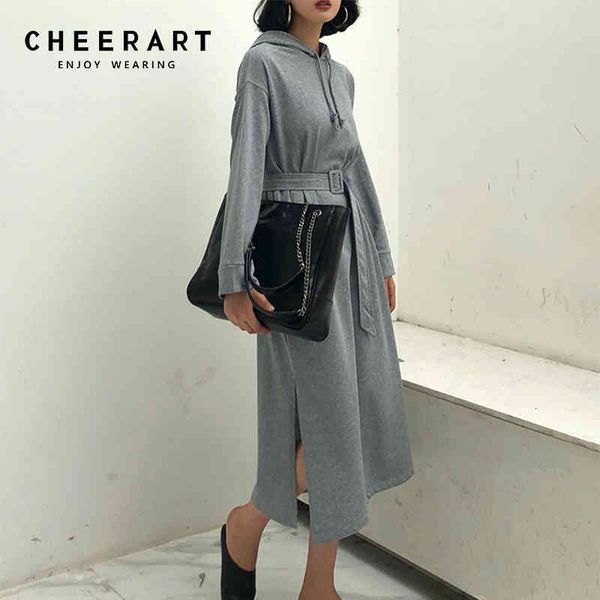 long midi sweatshirt dress women sleeve hood lace up split with belt grey korean fashion spring 210427, Black;gray
long midi sweatshirt dress women sleeve hood lace up split with belt grey korean fashion spring 210427, Black;gray