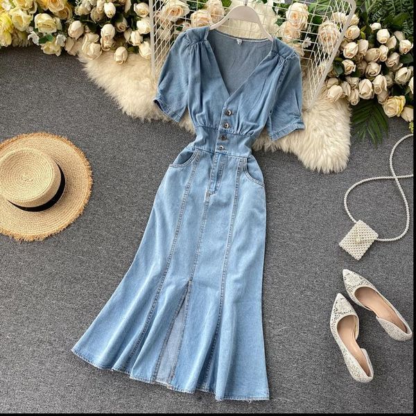 summer retro midi denim solid womens dress v neck button split slim korean elegant streetwear ruched, Black;gray
summer retro midi denim solid womens dress v neck button split slim korean elegant streetwear ruched, Black;gray