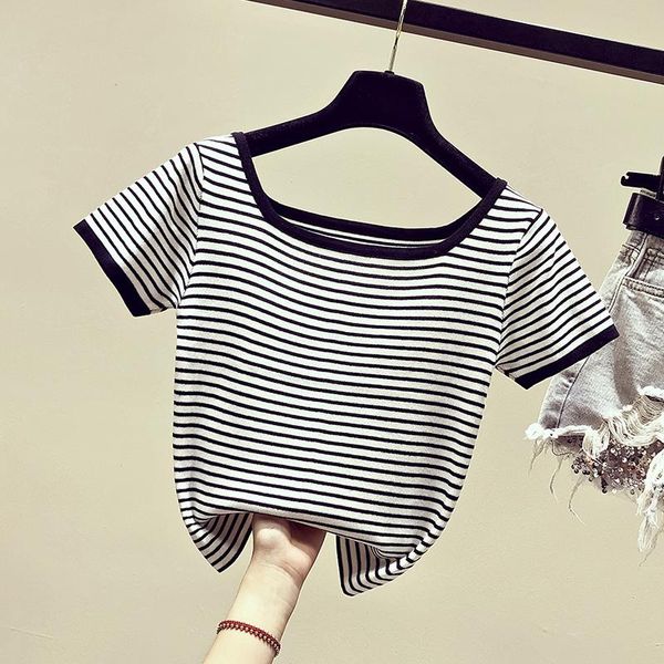 women's t-shirt style striped ladies short-sleeved women summer tee 2021 high-waist short ice silk sweater, White
women's t-shirt style striped ladies short-sleeved women summer tee 2021 high-waist short ice silk sweater, White