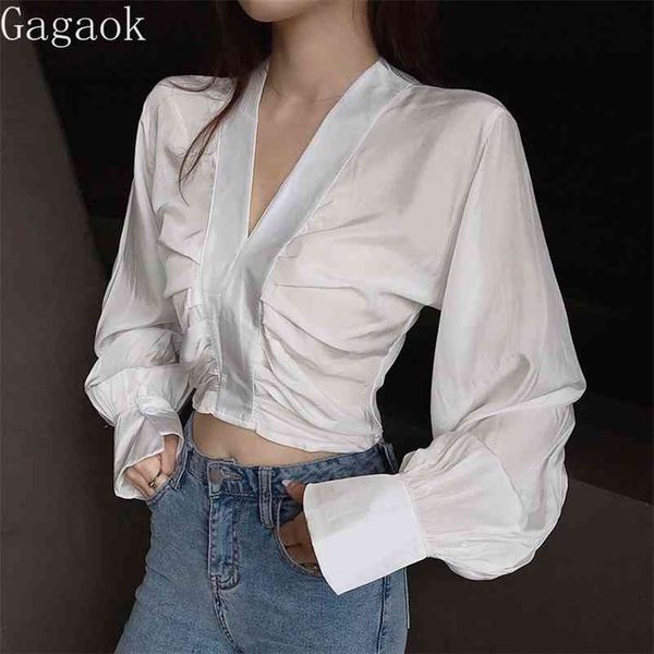 women & club short shirt spring autumn v-neck puff sleeve solid slim chic wild fashion and blouses 210531, White
women & club short shirt spring autumn v-neck puff sleeve solid slim chic wild fashion and blouses 210531, White
