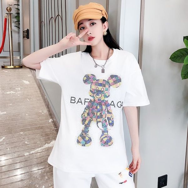 women's t-shirt camisa de manga curta feminina novo estilo verão moda cor sólida quente diamante urso solto camisetas gráficas para mu, White 
women's t-shirt camisa de manga curta feminina novo estilo verão moda cor sólida quente diamante urso solto camisetas gráficas para mu, White