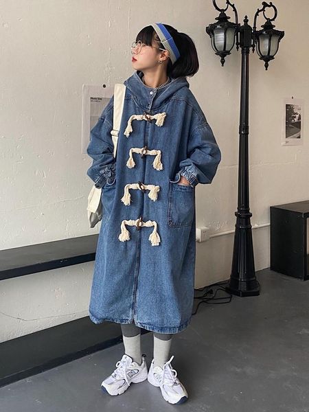 women's trench coats horn buckle denim coat women 2021 spring and autumn korean version loose bf hooded retro college mid-length, Tan;black
women's trench coats horn buckle denim coat women 2021 spring and autumn korean version loose bf hooded retro college mid-length, Tan;black