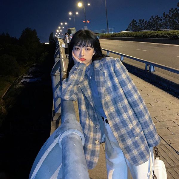 women's suits & blazers casual suit jacket blue plaid for women long sleeve oversized coat 2021 loose blazer office ladies, White;black
women's suits & blazers casual suit jacket blue plaid for women long sleeve oversized coat 2021 loose blazer office ladies, White;black
