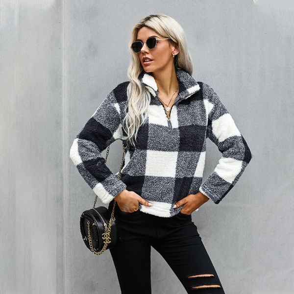 shiying women's 2021 autumn winter plaid printed zipper semi open casual plush sweater, White;black
shiying women's 2021 autumn winter plaid printed zipper semi open casual plush sweater, White;black