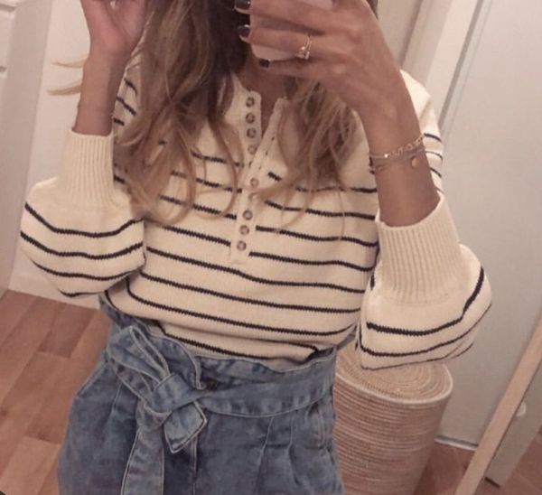 sweater 2021 autumn winter clothes black and white striped puff ladies loose long sleeve zvx2, White;black
sweater 2021 autumn winter clothes black and white striped puff ladies loose long sleeve zvx2, White;black