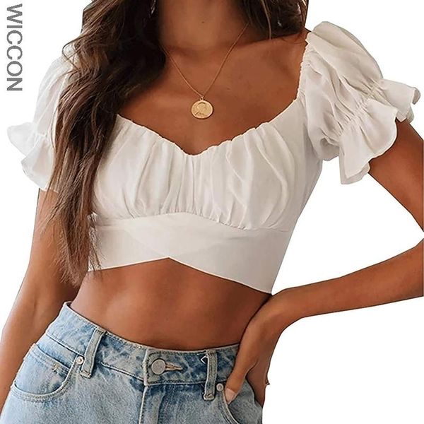 women's t-shirt summer bohemian lantern short-sleeved umbilical strap short shirt pleated solid color small top, White
women's t-shirt summer bohemian lantern short-sleeved umbilical strap short shirt pleated solid color small top, White