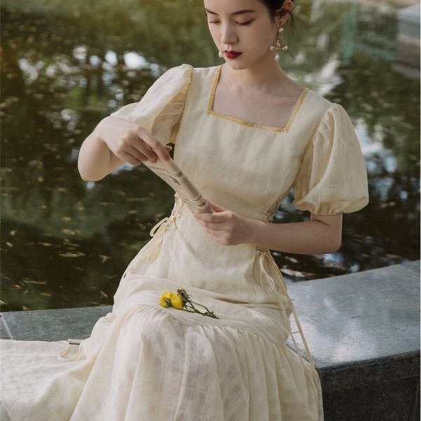 luxury casual dresses french girl's light yellow square neck bubble sleeve medium length first love drs, Black;gray
luxury casual dresses french girl's light yellow square neck bubble sleeve medium length first love drs, Black;gray