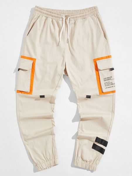 men slogan graphic flap pocket drawstring pants d0vs#, Black