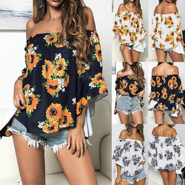 women's blouses & shirts women blouse summer sunflower print off shoulder casual loose flare sleeve, White
women's blouses & shirts women blouse summer sunflower print off shoulder casual loose flare sleeve, White