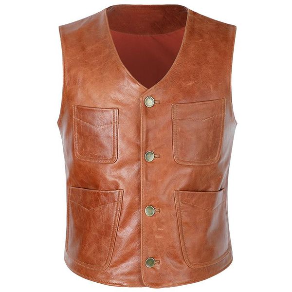 men's vests 2021 light brown men four pockets casual leather vest genuine cowhide autumn slim fit short natural, Black;white
men's vests 2021 light brown men four pockets casual leather vest genuine cowhide autumn slim fit short natural, Black;white
