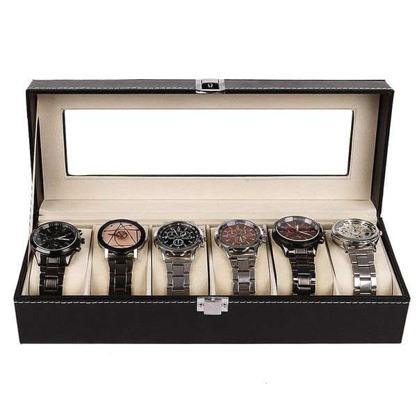 watch boxes & cases 6 slots storage leather box jewelry collection organizer watches case wristwatches holder pu gifts dislpay, Black;blue
