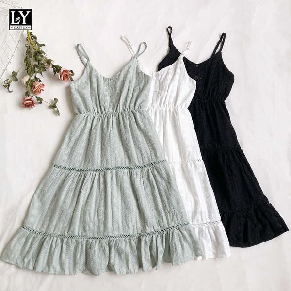 ly varey lin summer women sweet v-neck solid color slip dress casual holiday style sleeveless button female dresses 210526, Black;gray 
ly varey lin summer women sweet v-neck solid color slip dress casual holiday style sleeveless button female dresses 210526, Black;gray