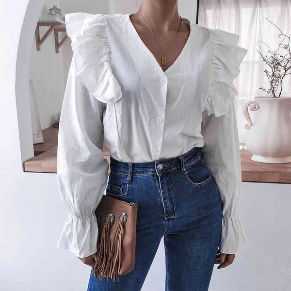 autumn white vintage shirt blouses for women blouse with v bell-sleeve ruffles casual white shirt women's blouse clothing 210514
autumn white vintage shirt blouses for women blouse with v bell-sleeve ruffles casual white shirt women's blouse clothing 210514