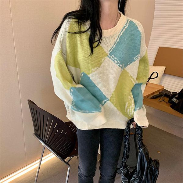 women's sweaters winter autumn ladies pullover o neck vintage contrast color rhombus korean casual fashion gentle all-match sweater, White;black
women's sweaters winter autumn ladies pullover o neck vintage contrast color rhombus korean casual fashion gentle all-match sweater, White;black