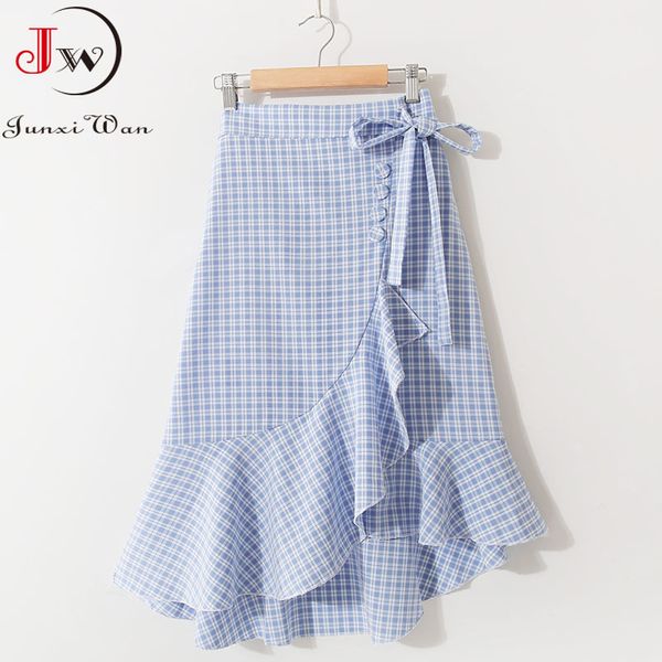 women korean style summer plaid skirt spring casual high waist ruffles elegant office irregular midi skirts faldas mujer 210510, Black
women korean style summer plaid skirt spring casual high waist ruffles elegant office irregular midi skirts faldas mujer 210510, Black