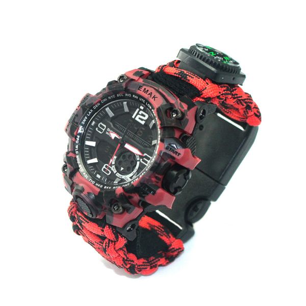 

Handmade Multifunction Outdoor Camping Survival Wristwatches Paracord Woven Digital Watch with Compass Whistle, Red and black camouflage
