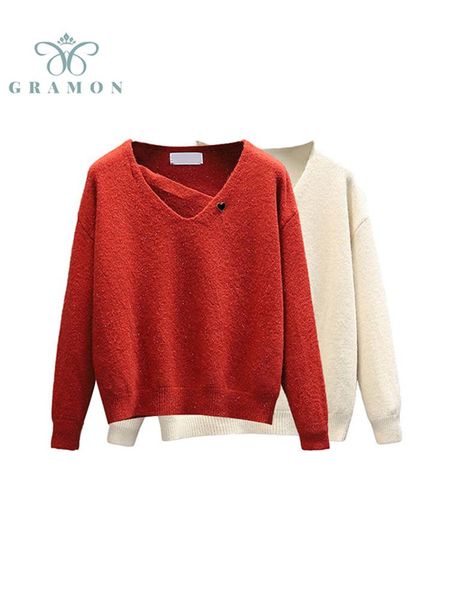 women's sweaters v neck pullover soft long sleeve knitted oversized sweater pull solid color fall winter chic sueters femme, White;black
women's sweaters v neck pullover soft long sleeve knitted oversized sweater pull solid color fall winter chic sueters femme, White;black