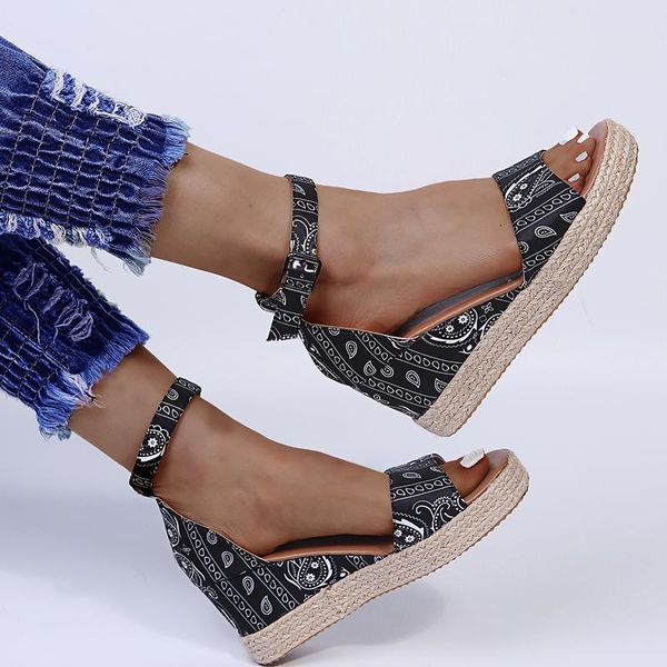 sandals 2021 women's shoes solid color printed cloth open toe buckle wedge heel comfortable and fashionable summer, Black
sandals 2021 women's shoes solid color printed cloth open toe buckle wedge heel comfortable and fashionable summer, Black