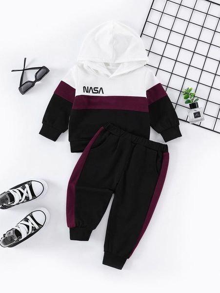 baby boy letter graphic spliced hoodie with joggers she, White