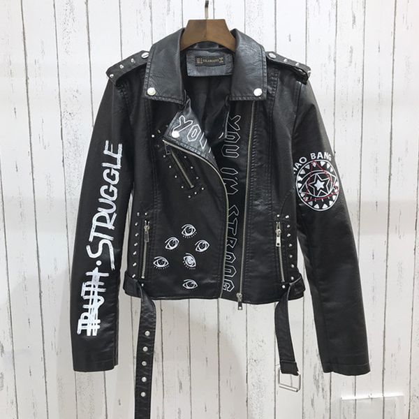 women's leather & faux fmfssom spring women jacket turn-down collar letter print epaulet rivet zipper lady letter vintage biker outerwe, Black
women's leather & faux fmfssom spring women jacket turn-down collar letter print epaulet rivet zipper lady letter vintage biker outerwe, Black
