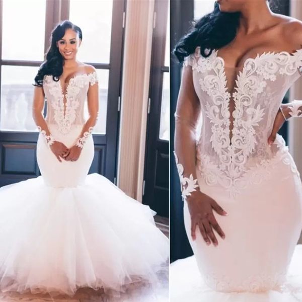 sheer long sleeves off shoulder slim mermaid wedding dresses modest lace appliques slim garden bridal gowns customized formal robe de mariee, White
sheer long sleeves off shoulder slim mermaid wedding dresses modest lace appliques slim garden bridal gowns customized formal robe de mariee, White