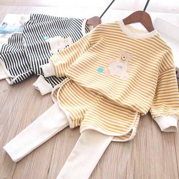 clothing sets 2021 spring girl cartoon bear stripe tshirt and pant, White 
clothing sets 2021 spring girl cartoon bear stripe tshirt and pant, White