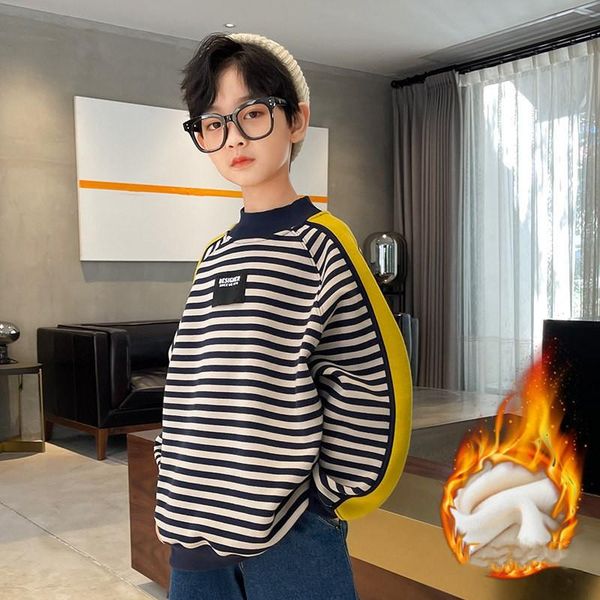 hoodies & sweatshirts children's sweater striped color matching fashion 0-neck long-sleeved pullover winter boy thickening and velvet w, Black