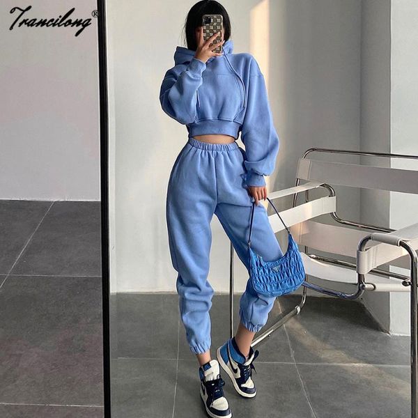 women's two piece pants streetwear hooded crop pocket tracksuit women autumn sweatshirt high waist loose sweatpants 2 sets long sleeve, White 
women's two piece pants streetwear hooded crop pocket tracksuit women autumn sweatshirt high waist loose sweatpants 2 sets long sleeve, White