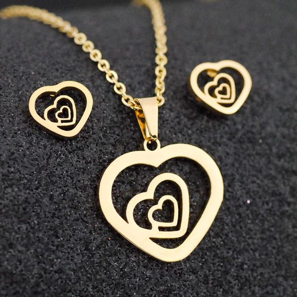 earrings & necklace chic stainless steel three hollow heart chain for women punk gold color collar fashion jewelry set, Silver
earrings & necklace chic stainless steel three hollow heart chain for women punk gold color collar fashion jewelry set, Silver