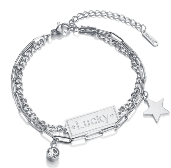 link, chain 316l stainless steel titanium stitching double layer long pin lucky letter bracelet no fading, Black
link, chain 316l stainless steel titanium stitching double layer long pin lucky letter bracelet no fading, Black