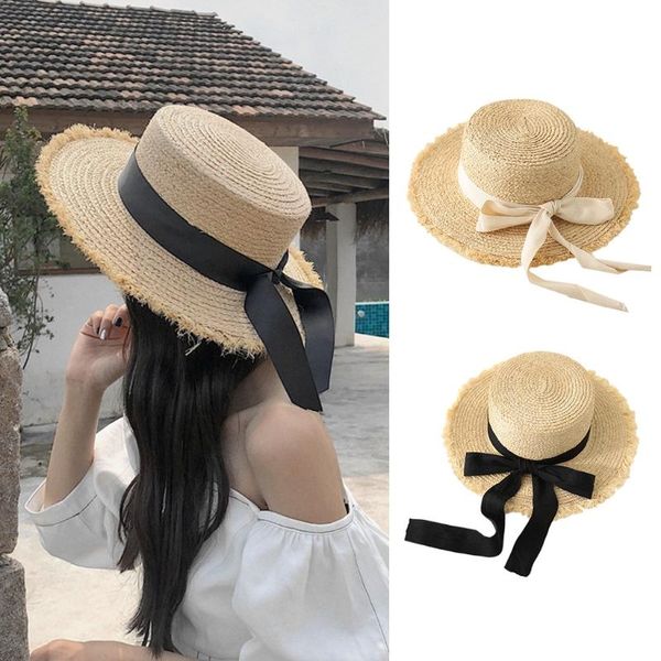 wide brim hats d0jd girls straw sun cap hepburn style lightweight grass braided hat with bow elegant charming lady daily accessory, Blue;gray 
wide brim hats d0jd girls straw sun cap hepburn style lightweight grass braided hat with bow elegant charming lady daily accessory, Blue;gray
